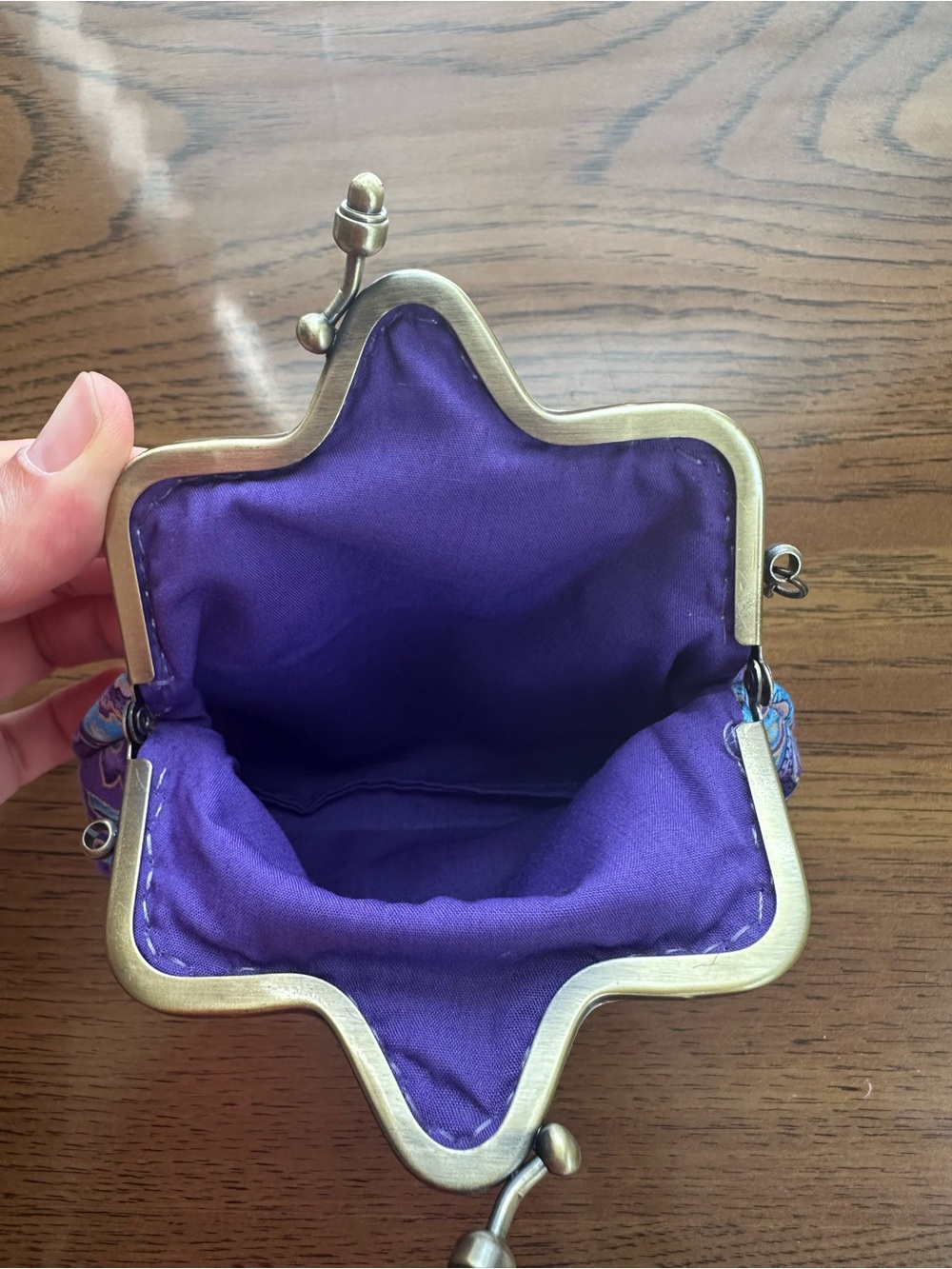 Paisley Coin Purse with Antique Gold Frame and Purple & Blue Fabric Pouch - Picture 3 of 5